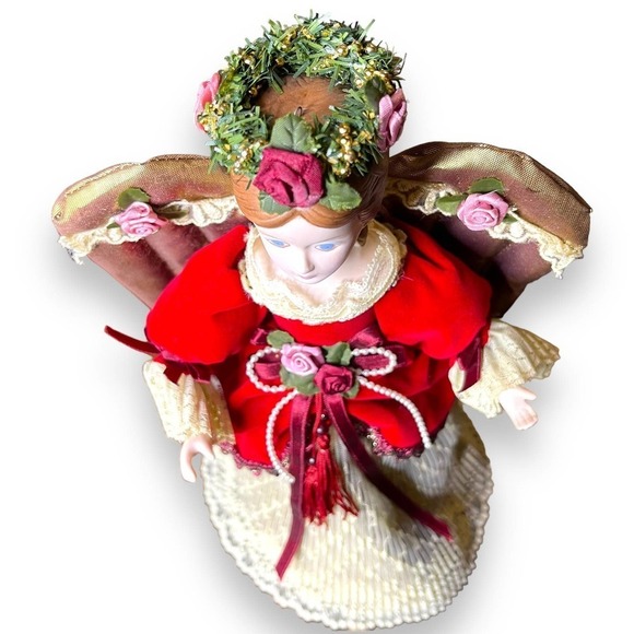 VTG Kurt Adler Angel Tree Topper Large Ornament 1990 Victorian Lace Red Ivory - Picture 8 of 14